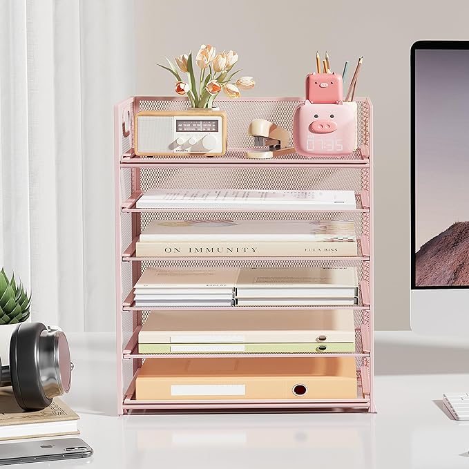 Subekyu 6-Tier Desk Paper Organizer, Desktop File Letter Tray with Handle, Document Sorter and Accessories Holder for Office, Home and School Workspace Organizers, Pink-2 Pack
