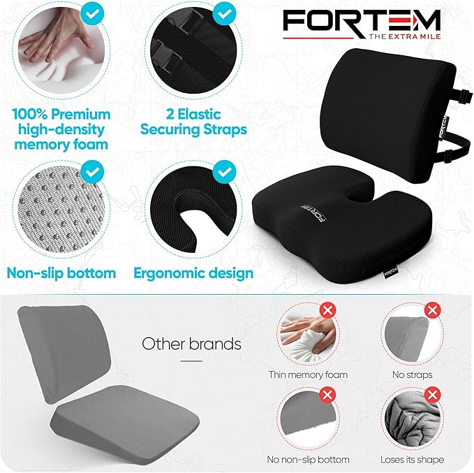 FORTEM Seat Cushion, Office Chair Cushion, Lumbar Support Pillow for Office Chair, Memory Foam Sciatica Coccyx Tailbone Pressure Pain Relief, Car Sitting Pad, Washable Non Slip, XL