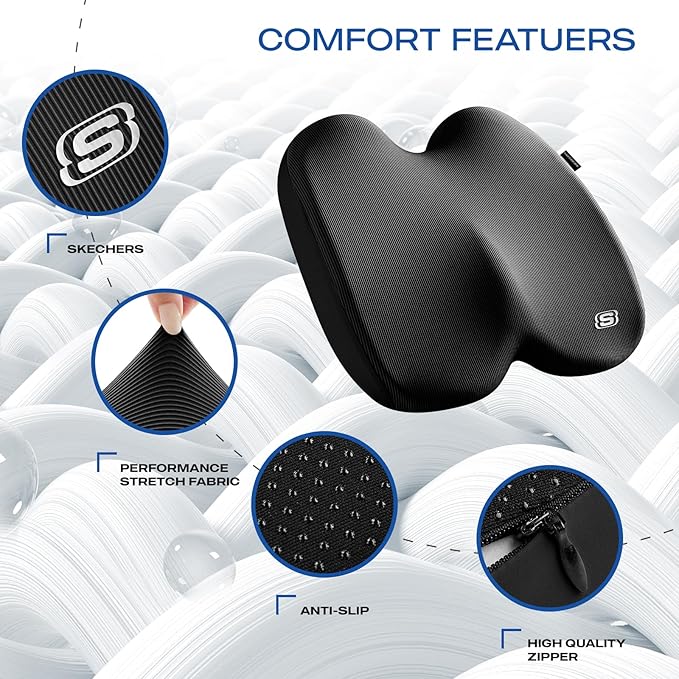 Skechers Seat Cushion, Ergonomic Memory Foam Cushion for Long Sitting Hours on Office & Home Chair, Car Seat Cushion for Sciatica, Coccyx Cushion,Black