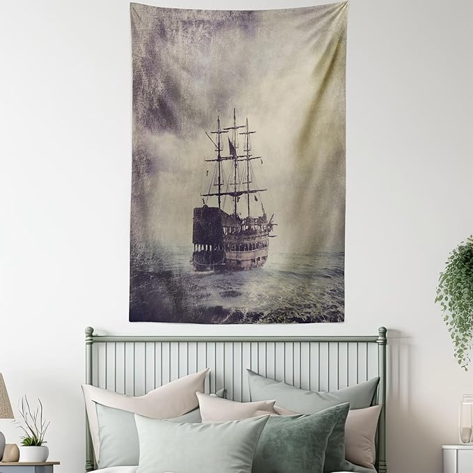 Ambesonne Nautical Tapestry, Old Pirate Ship in the Sea Historical Cruise Retro Voyage Grunge Style Art, Fabric Wall Hanging Decor for Bedroom Living Room Dorm, 30" X 45", Tan Plum