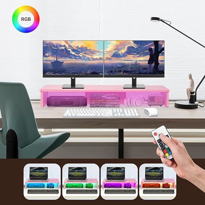 TV Riser Stand with LED Lights, 42.5" Super Large Monitor Stand Riser, Tabletop TV Stand Riser for Desk, Desk Shelf for Top of Desk, Desktop Organizer for Computer, TV, Laptop, Printer
