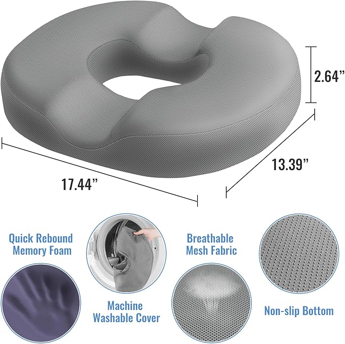 CloudBliss Donut Pillow Seat Cushion Chair Pad for Tailbone Pain Relief and Hemorrhoids, Memory Foam Seat Chair Cushion for Men and Women for Home & Office, (Light Grey)