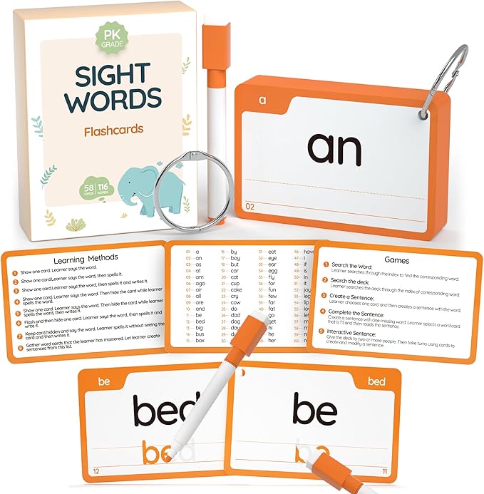WJPC 58 Cards, 116PCS High Frequency Sight Words Flash Cards for (Pre-K, Pre-Kindergarten, Kindergarten, 4,5, 6Years Ages Kids Boys Girls Toddler Flash Cards for 4-6 Years.