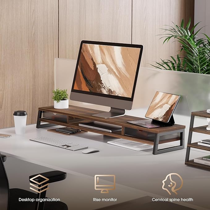 Fenge Dual Monitor Stand, Monitor Riser with Drawer, 42.5 Inch Large Computer Monitor Stand for 2 Monitors, 2 Tier Wooden Desk Shelf for Top of Desk
