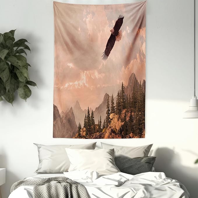 Ambesonne Eagle Tapestry, Nature Photography of Rocky Mountains and Forest a Bird Flying over It, Fabric Wall Hanging Decor for Bedroom Living Room Dorm, 23" X 28", Rose Green