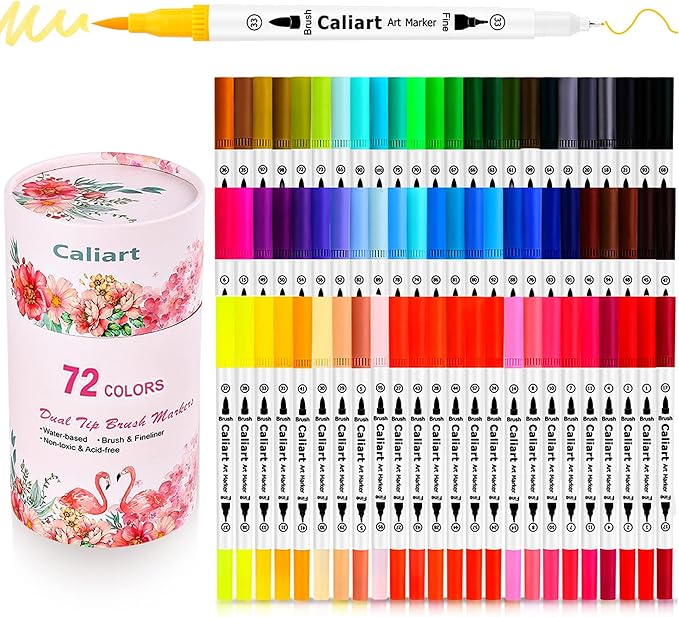 Caliart 72 Colors Double Tip Brush Pens Art Markers, Artist Fine & Brush Pen Coloring Markers for Adult Book Cards Drawing Craft Kit Teacher Office Supplies