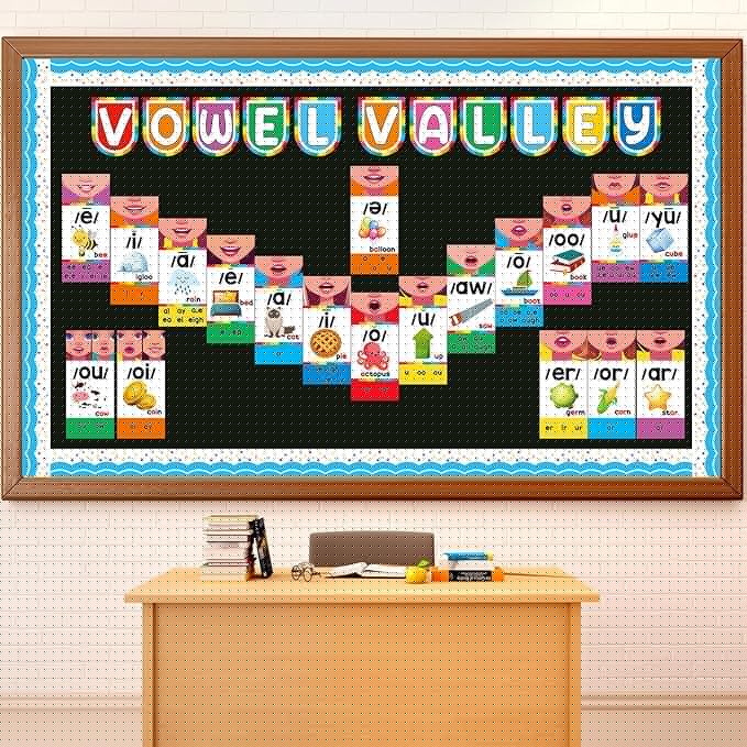 Vowel Valley Bulletin Board Set Back to School Classroom Decorations Sound Wall Phonics Poster Vowel Learning Cutouts Early Learning Kindergarten Elementary School Classroom Chalkboard Wall Door Decor