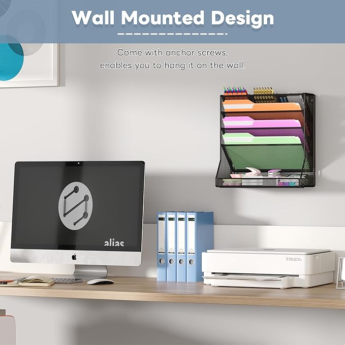 File Organizer Wall Mounted 5 Tiers, Durable Adjustable Metal Vertical Hanging, Stable R-Shaped Bottom 4 Pull-Out Deviders to Sort File,Mail,Newspaper,Pen, Suitable for Office,Black