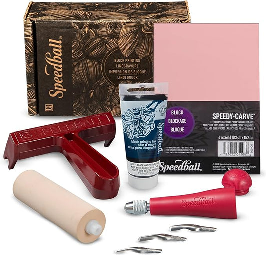 Speedball 3471 Super Value Block Printing Starter Kit – Includes Ink, Brayer, Lino Handle and Cutters, Speedy-Carve