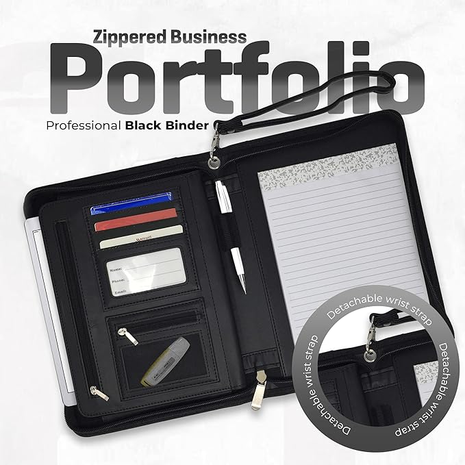 Zippered Leather Portfolio Binder with Junior Legal 5x8 Notepad - Black PU Leather Business Padfolio Organizer Folder with 8 Inch Tablet Sleeve & Gift Box by Lautus Designs