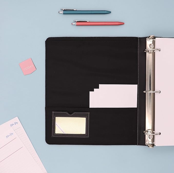 Blue Sky ProView Legacy Black 3 Ring Binder, Letter Size, 1.5", Textured Faux Leather Cover, Built in Pockets, Holds 265 Sheets (10040)