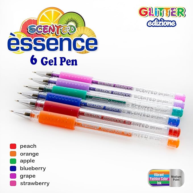 BAZIC Products Essence Scented Glitter Color Gel Pen, Comfort Grip Acid Free Smooth Writing for Drawing Coloring Greeting Card Art Gift (6/Pack), 144-Packs