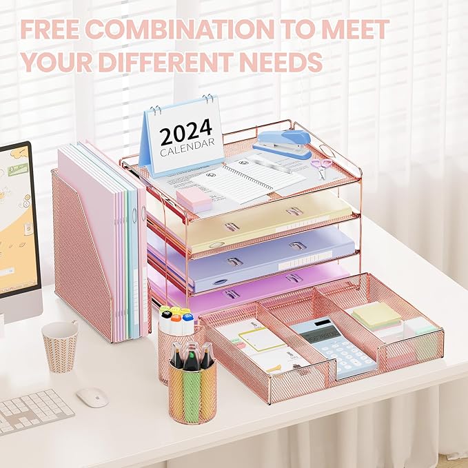 OPNICE Desk Organizer, 4-Tier Desktop File Organizer with Drawer and 2 Pen Holders, Office Desk Accessories, File Sorters, Workspace Organizers for Office Supplies(Rose Gold)