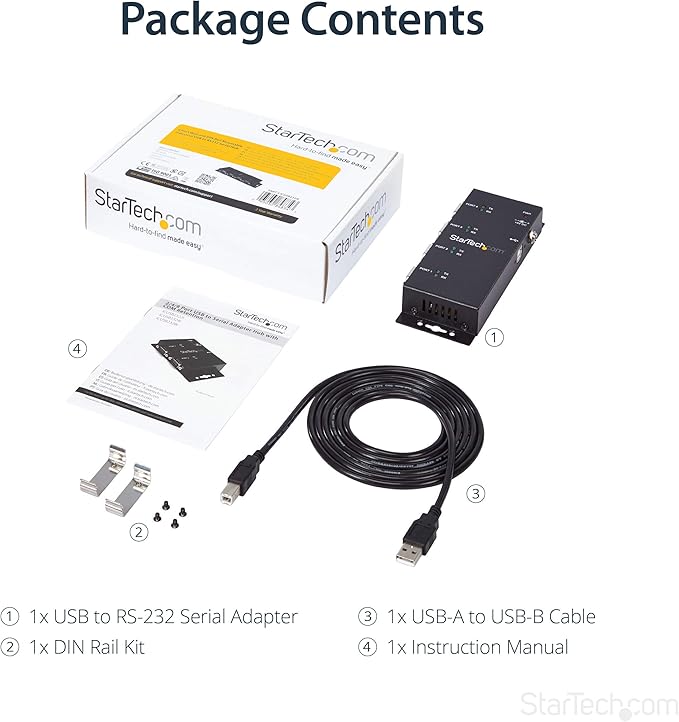 StarTech 4 Port USB to Serial RS232 Adapter - Wall Mount - Din Rail - COM Port Retention - FTDI USB to DB9 RS232 Hub, TAA (ICUSB2324I)