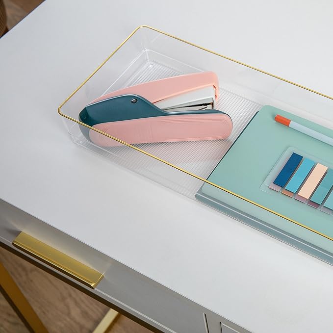 Martha Stewart Kerry Plastic Stackable Office Desk Drawer Organizers, 15" x 6", 2 Pack, with Gold Trim