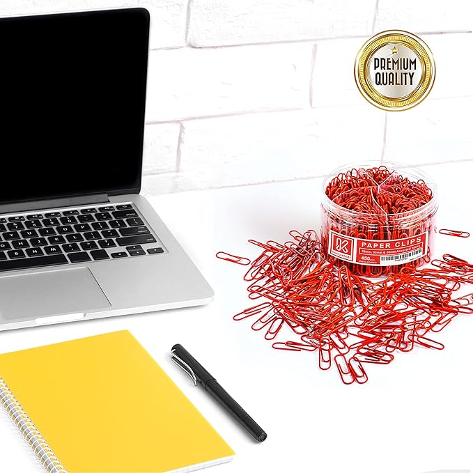 450 Red Color Paper Clips Assorted Sizes Small, Medium and Large Paper Clips for Paperwork Ideal for Home, School and Office Use (Assorted, Red)