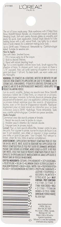 L'Oreal Paris Brow Stylist Kabuki Blender Brow Crayon, Brunette, 0.05 oz.
