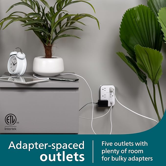 Philips EZFit 5-Outlet Extender Wall Tap with Surge Protection, Grounded Adapter, Charging Station, 3 Prong, 1 USB-A, 1 USB-C, 900J, White, SPP3513W/37