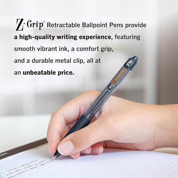 Zebra Pen Z-Grip Retractable Ballpoint Pen, Smooth-Flowing Black Ink, 1.0mm Medium Point, School & Office Supplies, Ideal for Note-Taking, Journal and Planner Use, 36-Pack (24136)