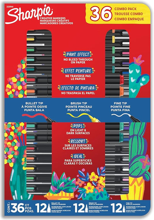 Sharpie Creative Markers Variety Pack, Water-Based Acrylic Paint Markers, Assorted Tips and Colors, 36 Count