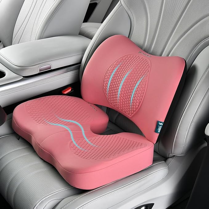 FLORICH Car Seat Cushion and Back Support for Office Chair Memory Foam Chair Cushions Pressure Relief Seat Pads with Gel Massage Point Lumbar Support(Light Pink)
