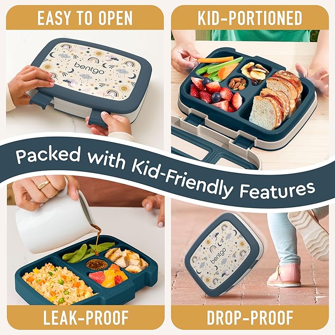 Bentgo Kids Prints Leak-Proof, 5-Compartment Bento-Style Kids Lunch Box - Ideal Portion Sizes for Ages 3-7, Durable, Drop-Proof, Dishwasher Safe, & PFAS & BPA-Free Materials (Friendly Skies)