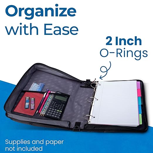 Case-it The Universal Zipper Binder - 2 Inch O-Rings Padded Pocket That Holds up to 13 Laptop/Tablet Multiple Pockets 400 Page Capacity Comes with Shoulder Strap Midnight Blue LT-007