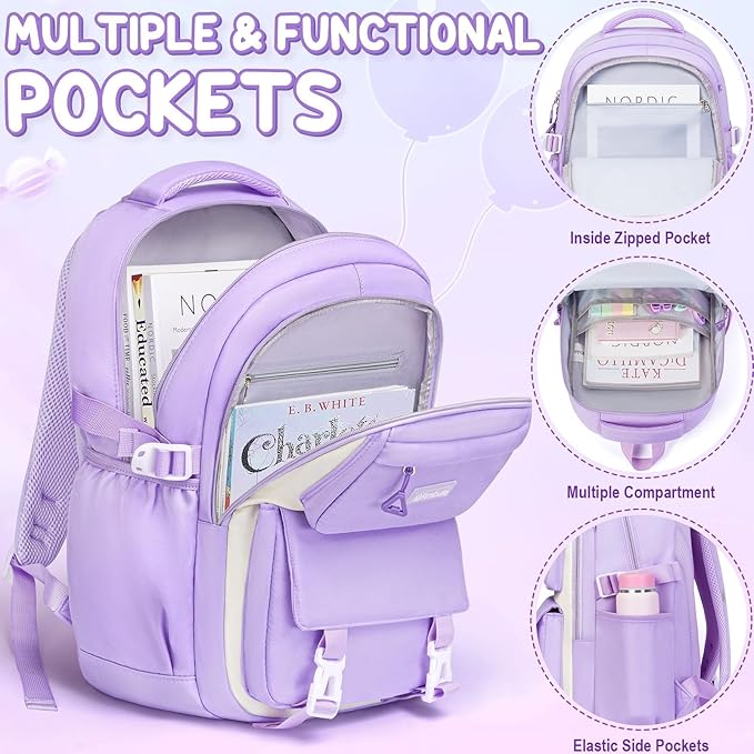 Fimibuke Backpacks for Girls, 3 PCS Waterproof School Backpack with Lunch Box, Pencil Pouch Set for Kids Teens Girls, Cute Bookbag School Bag for Elementary Middle High School Student Ages 6+(Purple)