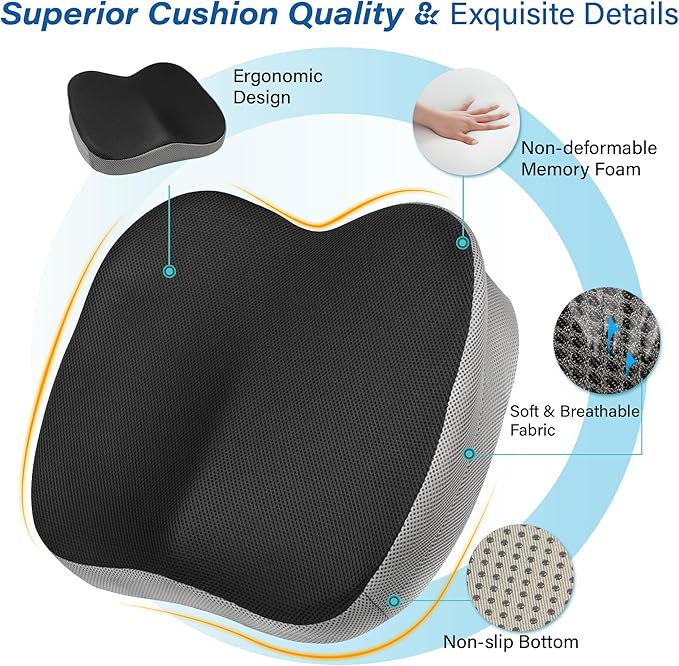 Car Seat Cushion, Ergonomic Memory Foam Car Cushion for Sciatica Pain Relief, Larger Driving Seat Pillow for Short Drivers on Long Drives - Butt Pillow for Truck, Office, Wheelchair - Large Black