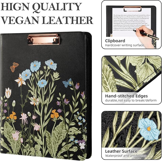 Ospelelf Leather Portfolio Folder with Zipper - 3 Ring Binder with Clipbard - Calculator, 12.1” Tablet Sleeve, 5 Dividers with 10 Pockets, Refillable Notepad, Card Holder (Bushes)