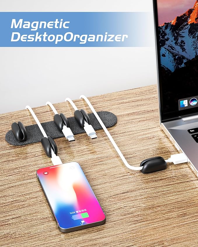 5-Pack Magnetic Cable Clips Cord Organizer - Smoothly Adjustable, Puretor Desk Cable Management Clips. Ideal Wire Holders for Desktop, Nightstand, Wall - Perfect for Home Office, Phone, Car (Black)