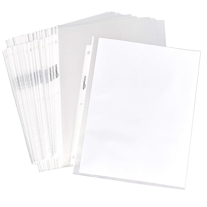 Amazon Basics Sheet Protectors for 3 Ring Binder, Non-Glare, Top Loading, Letter Size 8.5 x 11 in, Clear Plastic Sleeves, 100-Pack
