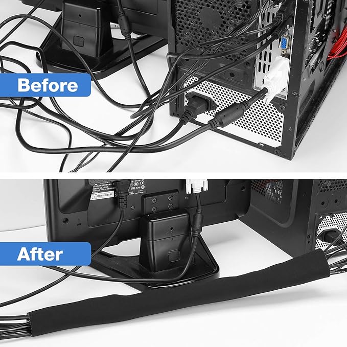 JOTO 2 Pack Cable Management Sleeve, 130" Cord Organizer System with Hook&Loop for TV Computer Office Home Entertainment, Flexible Cable Sleeve Wrap Cover Wire Hider System -Black, 2 Large