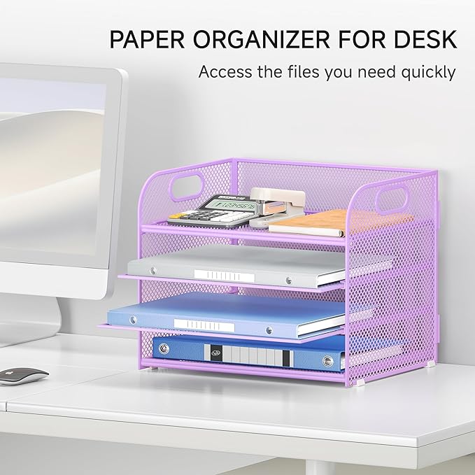 Lavatino 4-Tier Paper Organizer Trays - Purple Mesh File Folder Sorter with Handles, Desk Letter Holder Organizer for Office, Home, School Supplies Storage & Organization
