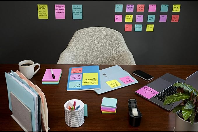 Post-it Super Sticky Notes, 3x3 in, 6 Pads/Pack, 90 Sheets/Pad, Amazon Exclusive Bright Color Collection, Aqua Splash, Acid Lime, Tropical Pink, Sunnyside, Guava and Iris Infusion