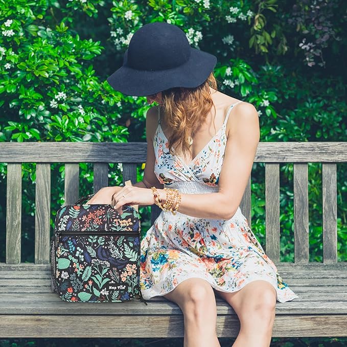 Hap Tim Insulated Lunch Bag Women, Reusable Lunch Box for Women & Men, Adluts Lunchbox for Office Work, Portable Lunchbag, Black Floral（18654-BF）