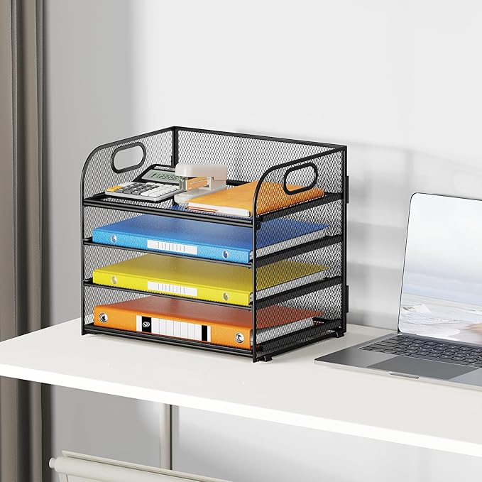 Lavatino Paper Organizer for Desk, 4-Tier Desk Organizer Tray, Mesh Desktop File Organizers with Handle, Office Classroom Organization and Storage-Black