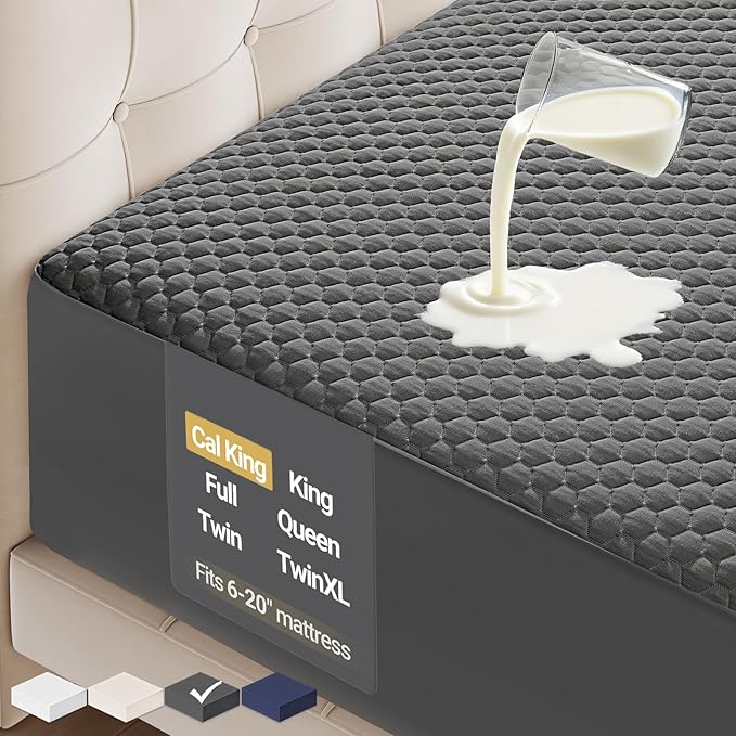 OhGeni 100% Waterproof Mattress Protector, California King-Gray, Fits 6"-20" Mattresses Deep Pocket, Cooling for Taller Person, Breathable Fitted Sheets, Soft Bed Cover, Noiseless, Machine Washable