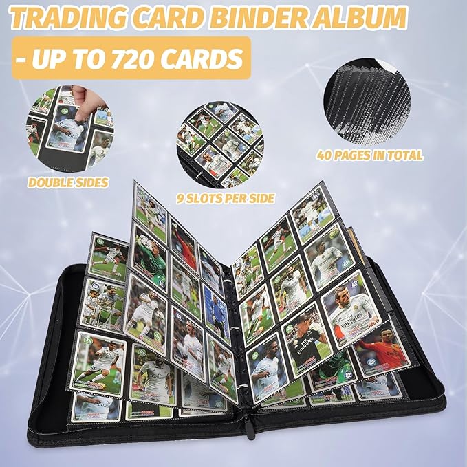 9 Pocket Card Binder, Premium Zip Trading Card Binder, 720 Double Sided Pocket PU Card Collection Binder, Collector Card Album, Card Folder for MTG, TCG, Sports Cards, Game Cards (Gold)