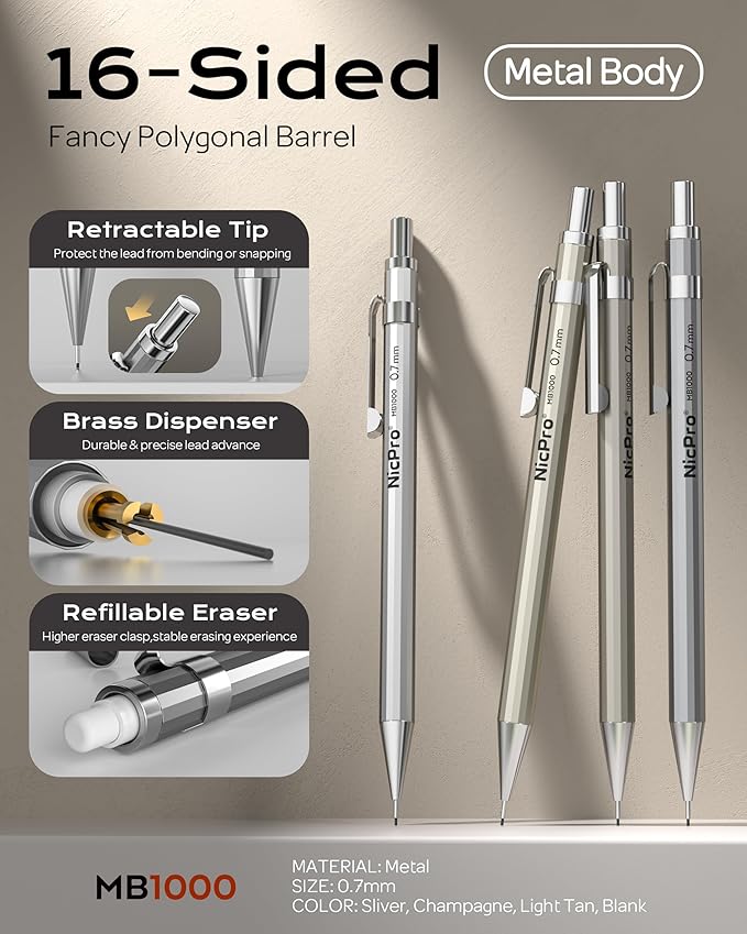 Nicpro 4 Pack Mechanical Pencil 0.7mm with Case, MB1000 Metal Mechanical Pencil Set with 6 Tube HB #2 Lead Refill 0.7 mm, 3PCS 4B Eraser, 9 Cap Eraser for Artist Drafting Writing, Sketching, Drawing