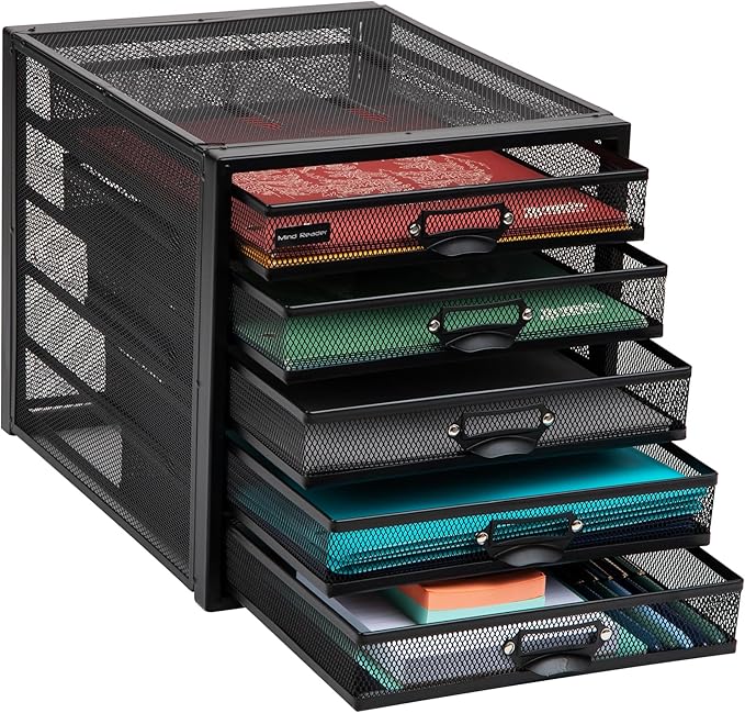 Mind Reader File Storage Drawers, Desk Organizer, Multi-Purpose, Crafts, Office, Metal Mesh, 11"L x 14"W x 11"H, Black, 5 Drawer