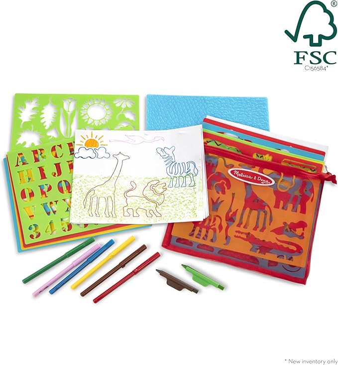 Melissa & Doug Created by Me! Stencil Art Coloring Activity Kit in Storage Pouch - 170+ Designs, 6 Markers, 2 Crayons, Paper - FSC-Certified Materials