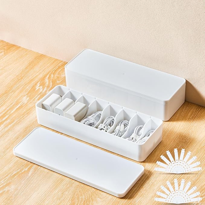 Tatuo 2 Pcs Cable Organizer Box with Wire Ties, Plastic Cord Storage Box with Lid, Electronics Organizer for Home Office Desk Organizers and Accessories (White)