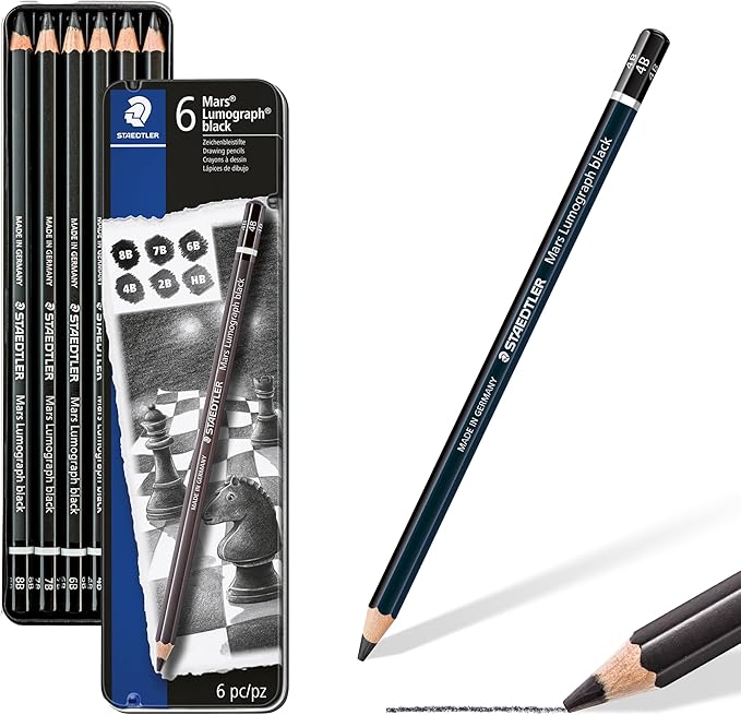 Staedtler Mars Lumograph Black, Carbon Blend Provides Jet Black Lines, Professional Art Pencils, Tin of 6 Assorted Black Sketch Pencils, 100B G6