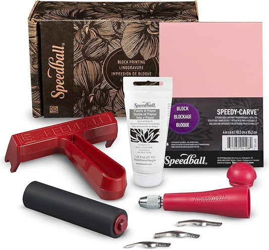 Speedball Block Printing Fabric Starter Kit, 7 Pieces – Includes Ink, Hard Brayer, Lino Handle and Cutters, Speedy-Carve Relief Carving Rubber