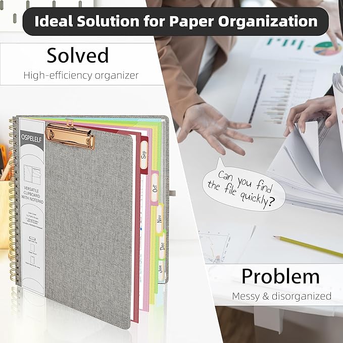 Ospelelf Foldable Spiral Clipboard Folio with Storage Zipper Pouch, 5 Plastic Folders with 10 Pockets,Refillable Lined Notepad (11" x 8.5"), Hardcover Project Organizer with 39 Stickers (Grey)