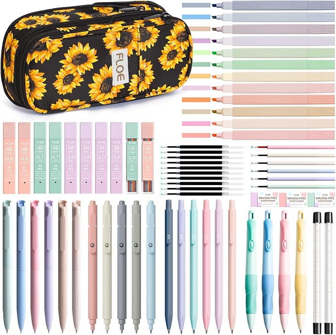 65PCS Aesthetic School Supplies with Cute Pencil Case, Pastel Highlighters Gel Pens Mechanical Pencils Set 0.5 0.7 & 2.0mm, Office Back to School Supplies College Essentials Kit Student Stationary Set