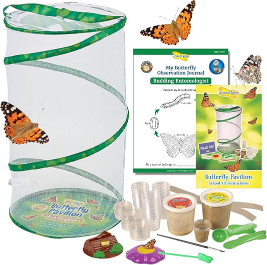 Insect Lore Butterfly Garden - Pavilion School Kit with 33 Live Caterpillars - 2ft Tall Habitat, STEM Activity Journal, Cups & Tools Included - Immersive Classroom Life Cycle Learning