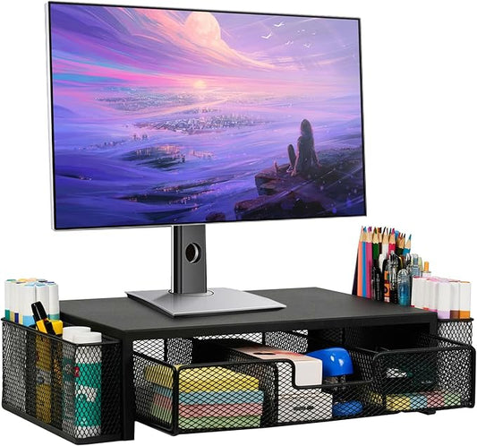 Computer Monitor Stand Riser with Drawer and Pen Holders, Desk Organizer Shelf and Accessories, Office Desk Accessories, Office Organization, Black