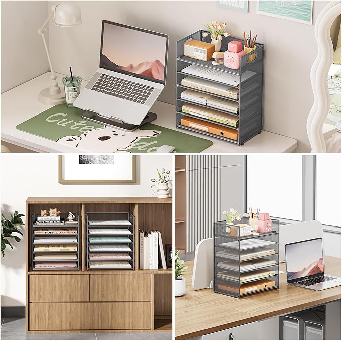 Subekyu 6 Tier Paper Organizer for Desk with Handle, Metal Mesh Desk Office File Folder Paper Letter Tray Accessories Organizer Sorter for Home, School, Office Desktop Document Organization - Gray